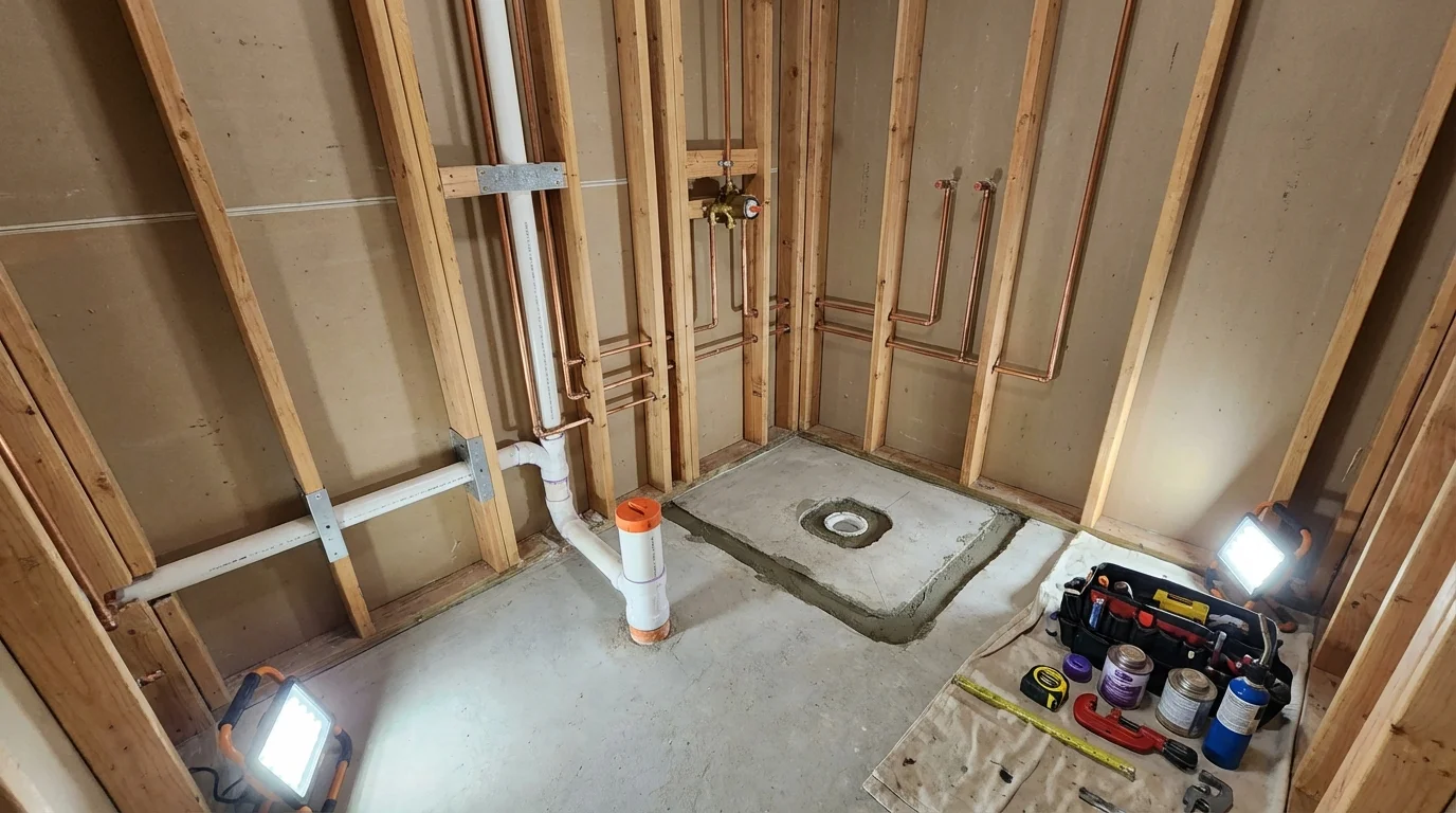 Bathroom rough-in plumbing during remodel by Johns Plumbing LLC in Angels Camp