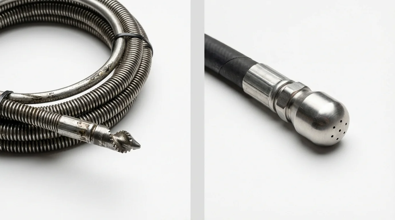Drain snake cable and hydro jetting nozzle used for drain cleaning in Angels Camp, CA