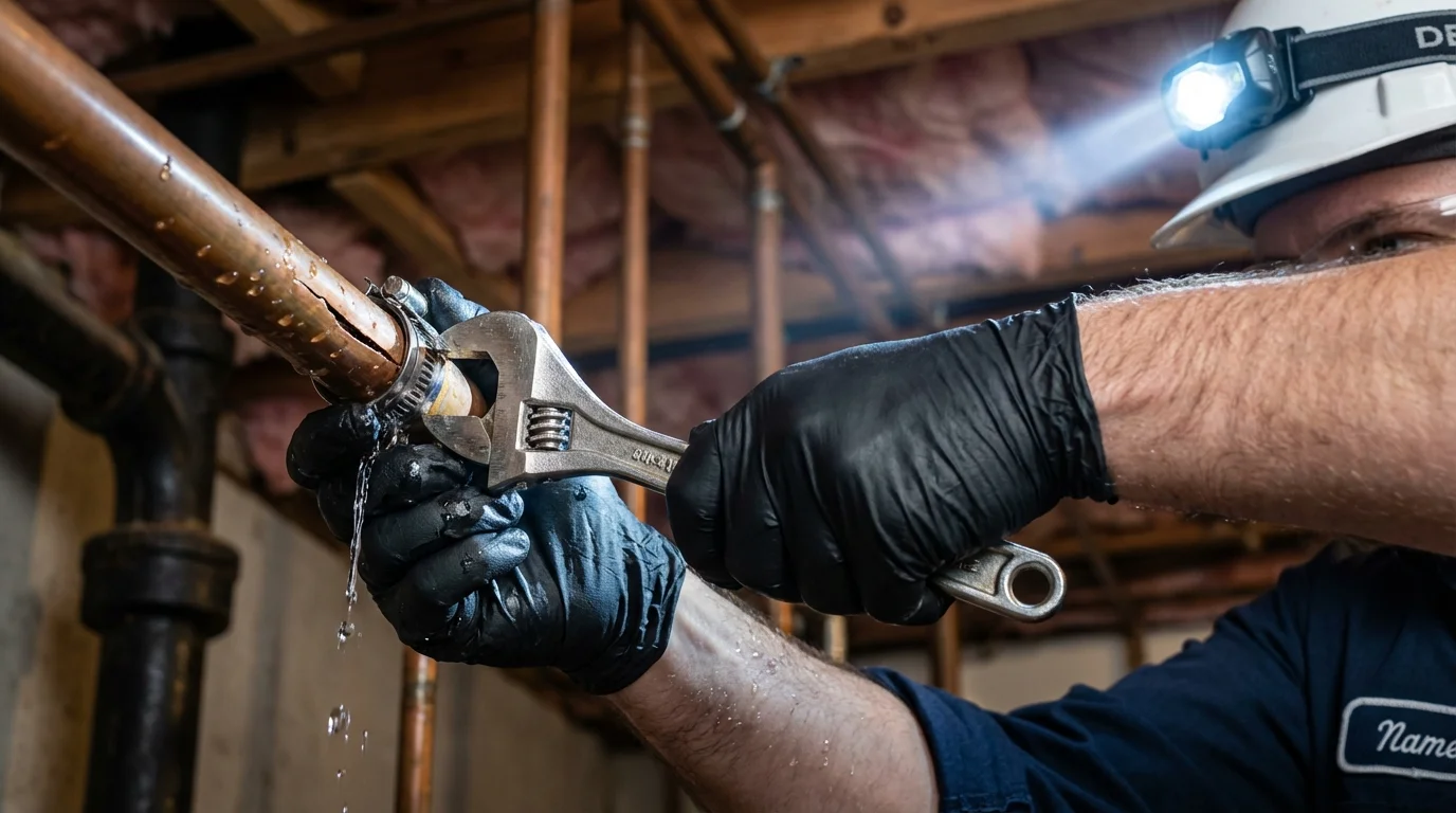 Emergency pipe clamp repair being performed by a Johns Plumbing LLC plumber in Angels Camp