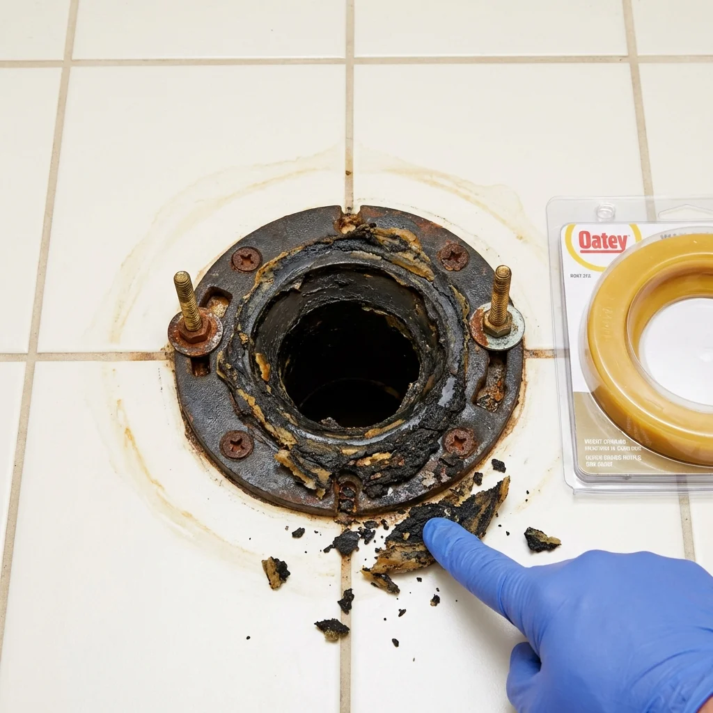 Failed wax ring showing water seepage at the base of a toilet in a Angels Camp, CA home
